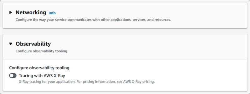 Page de configuration de la console App Runner affichant les options d'observabilité