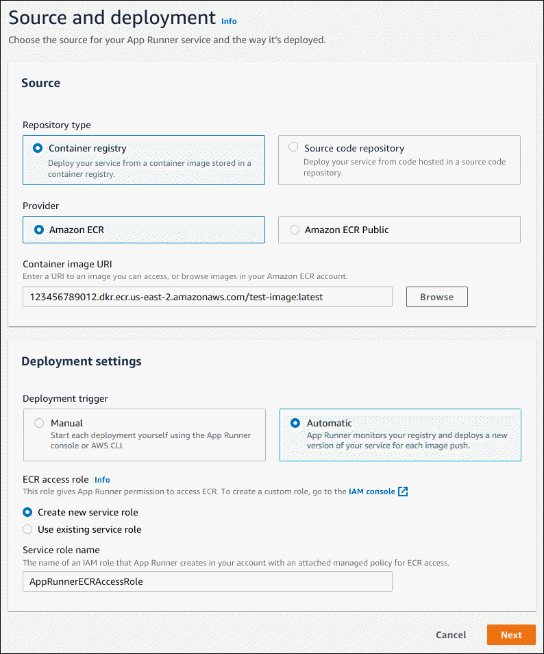 Paramètres de source et de déploiement lors de la création d'un service App Runner