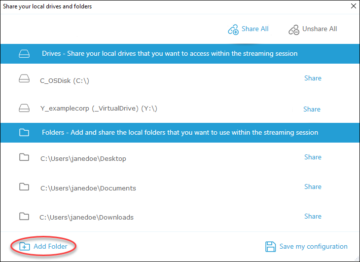 Dialog box for sharing local drives and folders, with an "Add Folder" button highlighted.