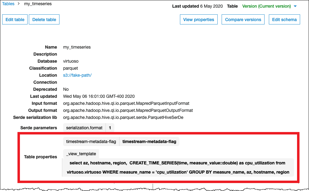 Configuration des propriétés de table AWS Glue pour configurer une vue sur une série chronologique.