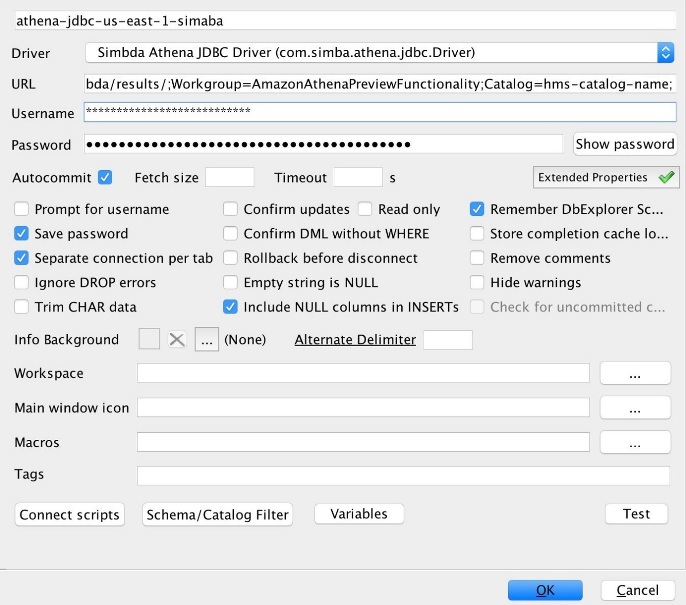 Configuration d'une JDBC connexion URL dans SQL Workbench.