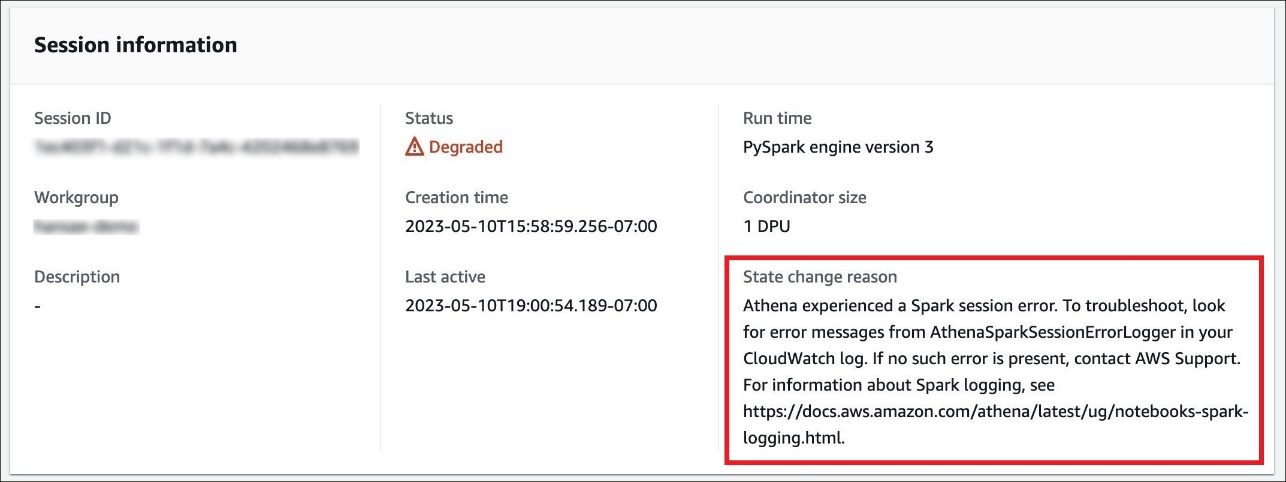 Affichage des informations de changement d'état de la session dans la console Athena pour Spark.