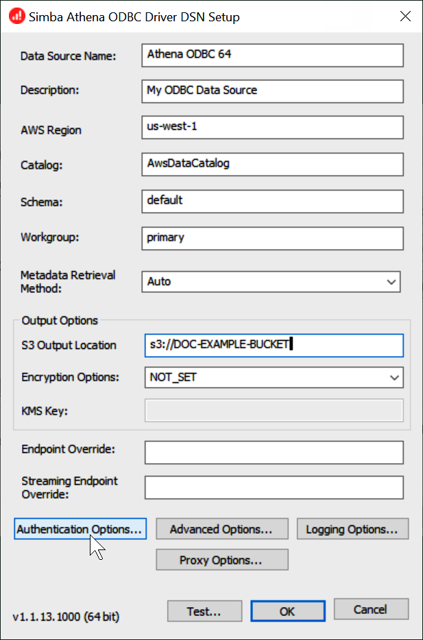 Entrez les valeurs DSN de configuration.