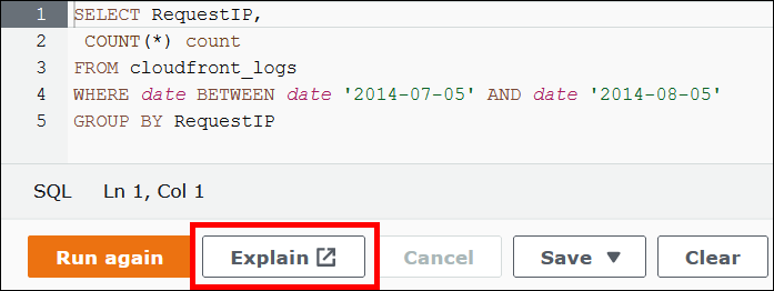 Choisissez Explain dans l'éditeur de requêtes Athena.