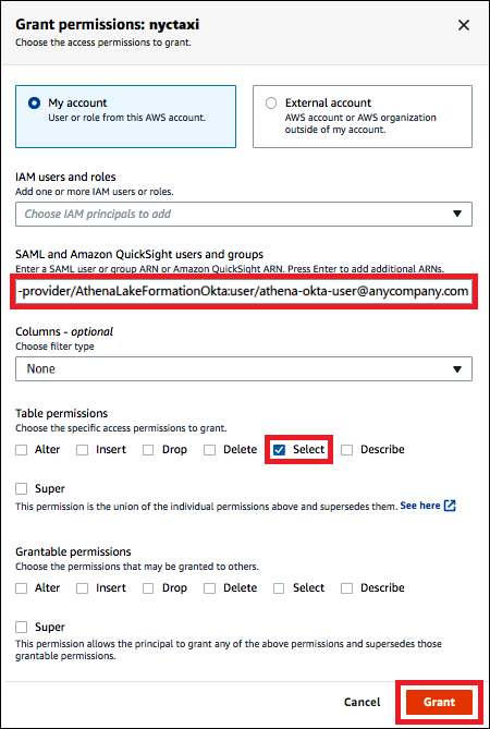 Octroi d'autorisations de niveau table et colonne à un utilisateur Okta.