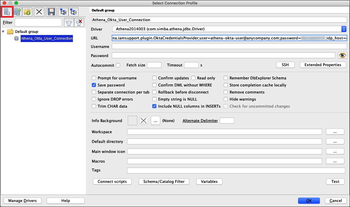 Un profil de connexion dans SQL Workbench.