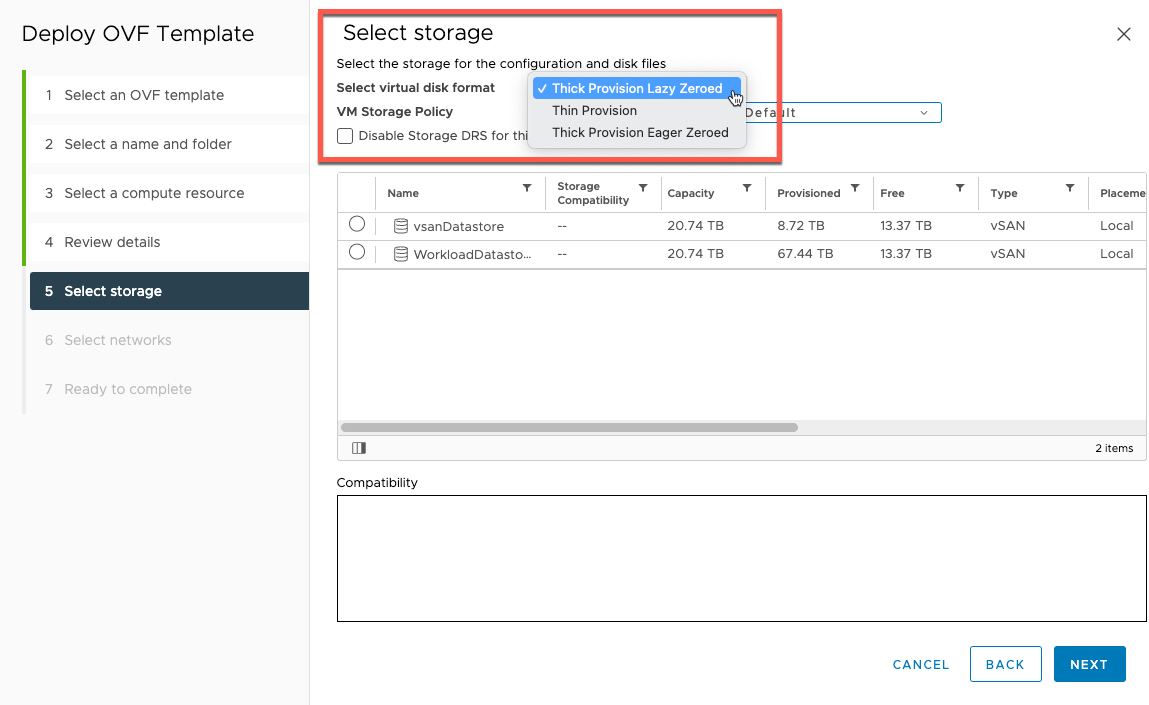 L'option Thick Provision Lazy Zeroed sur le panneau de sélection du stockage.