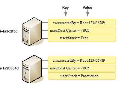 Exemples de clés de balise pour deux EC2 instances Amazon.