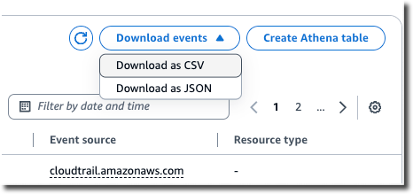 La page CloudTrail d'historique des événements présentant les options de téléchargement