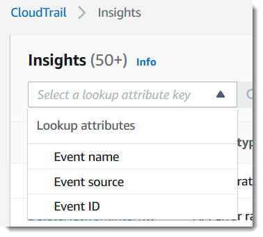 Le filtre de liste d'événements CloudTrail Insights.