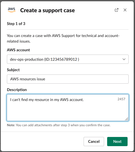 Une boîte de dialogue permettant de créer un cas AWS Support dans Slack.