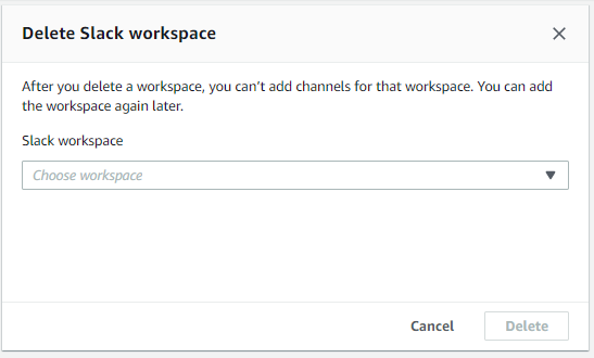 Boîte de dialogue que vous utilisez pour supprimer un espace de travail Slack dans la console AWS Support.