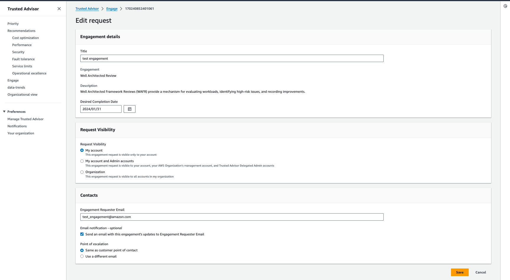 Modifiez un engagement dans Trusted Advisor Engage.