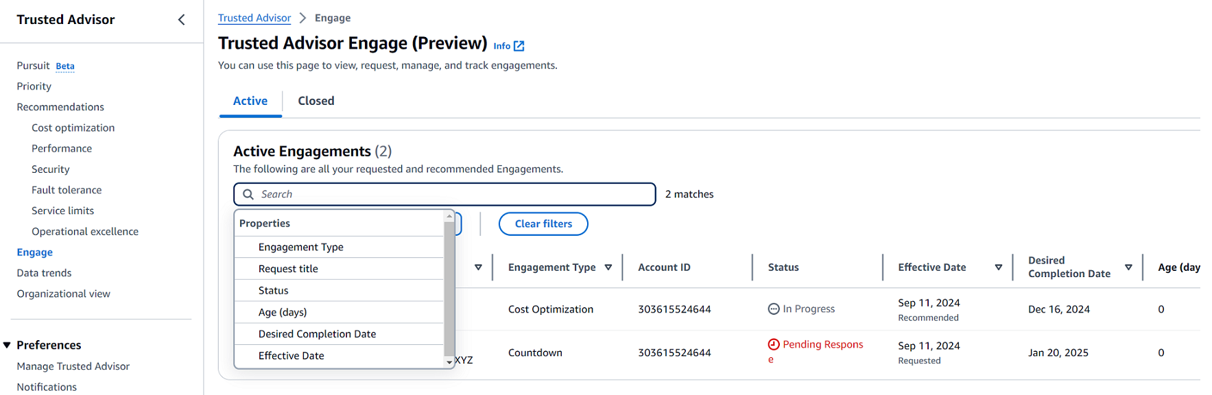 Rechercher des engagements dans Trusted Advisor Engage.