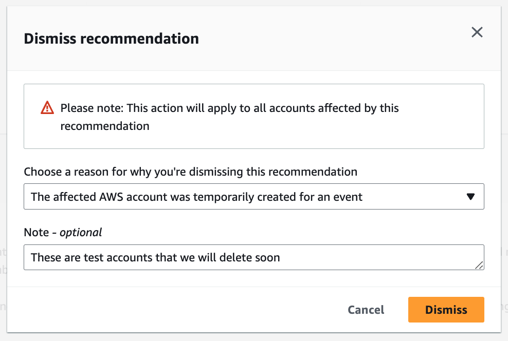 Boîte de dialogue avec listes déroulantes pour rejeter une recommandation dans Trusted Advisor Priority.