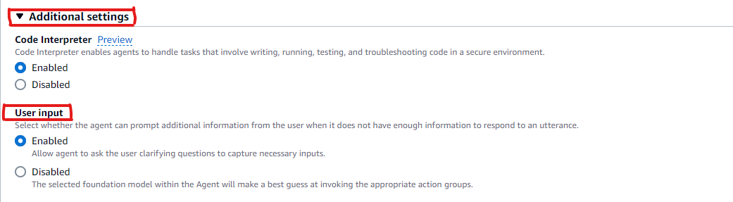 Configurez votre agent pour demander plus d'informations à l'utilisateur si les informations requises ne sont pas disponibles pour effectuer une tâche. Vous pouvez configurer l'agent en activant la saisie utilisateur dans le groupe d'actions de votre agent.