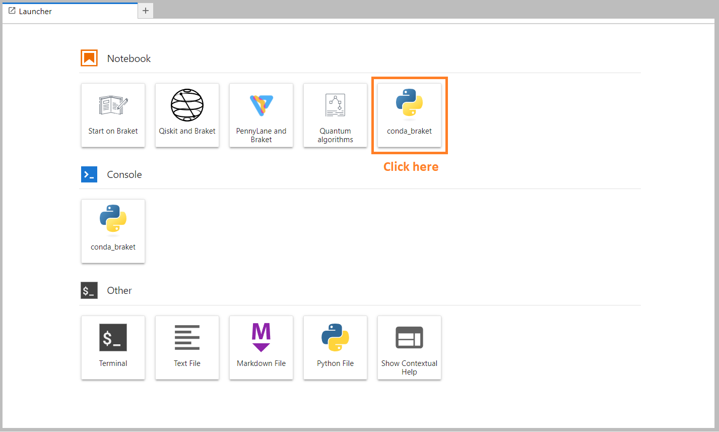 Interface de lancement pour les ordinateurs portables, la console et d'autres outils tels que le terminal, le fichier texte, le fichier Markdown, le fichier Python, avec l'environnement Python conda_braket mis en évidence.