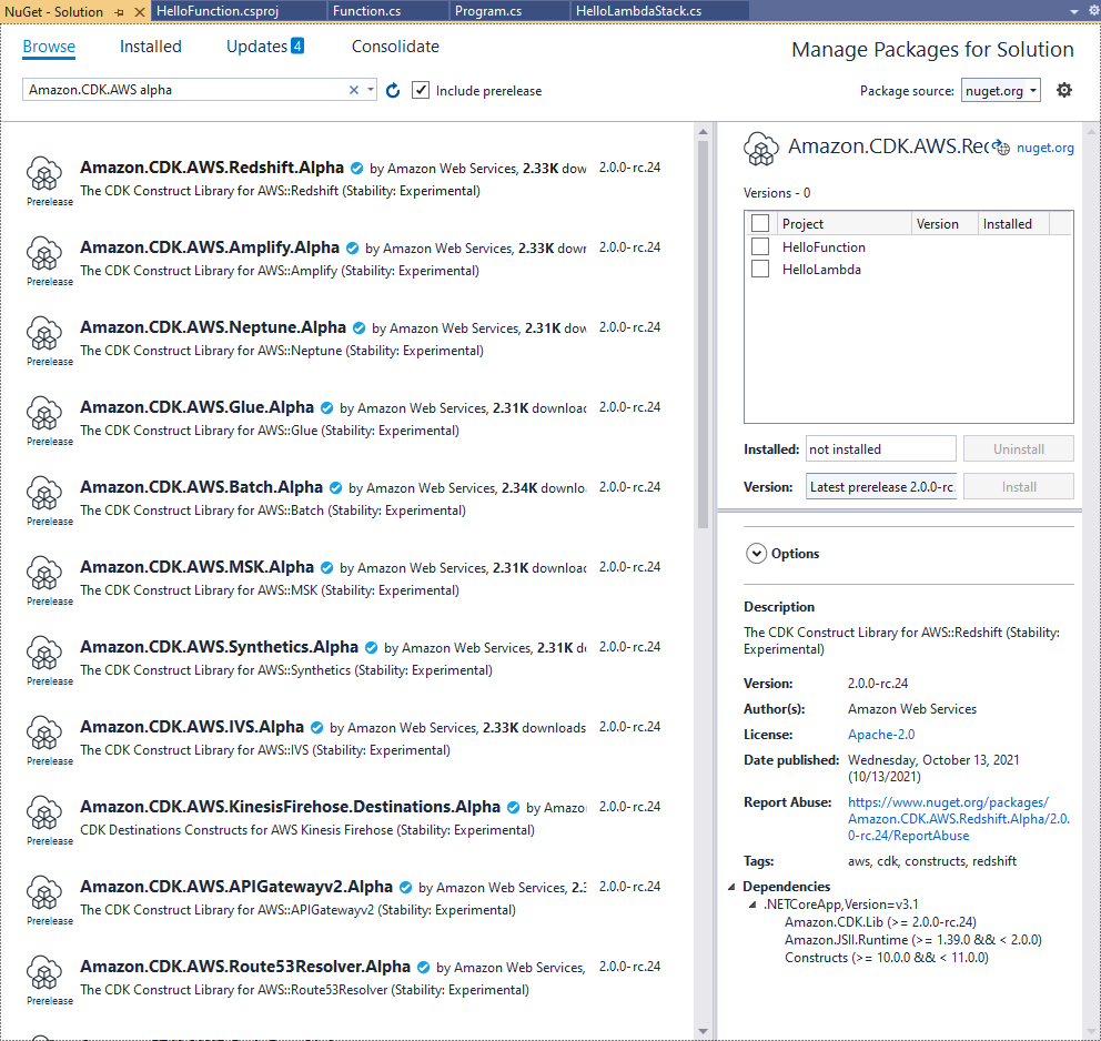 NuGet package manager showing Amazon CDKAWS alpha packages for various services.