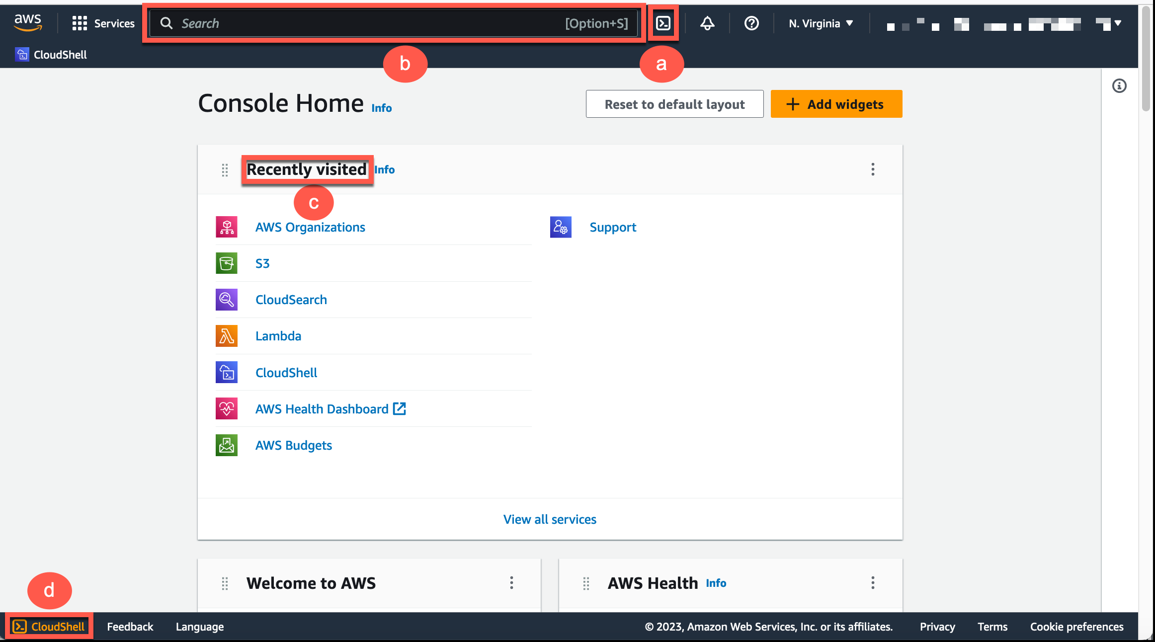 Principales fonctionnalités de l' AWS CloudShell interface.