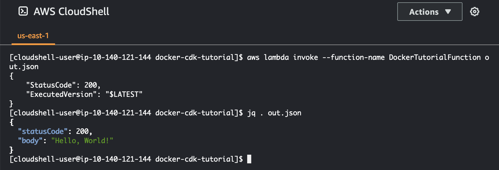 Image de la commande utilisée pour appeler la fonction Lambda.