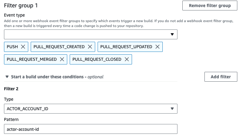 Un groupe de filtres Webhook qui déclenche une compilation uniquement lorsqu'une modification est apportée par un utilisateur de Bitbucket qui n'a pas d'identifiant de compte.