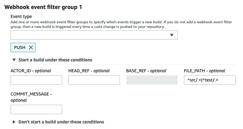 Un groupe de filtres Webhook qui déclenche une compilation uniquement lorsque des fichiers sont modifiés dans des dossiers spécifiés.