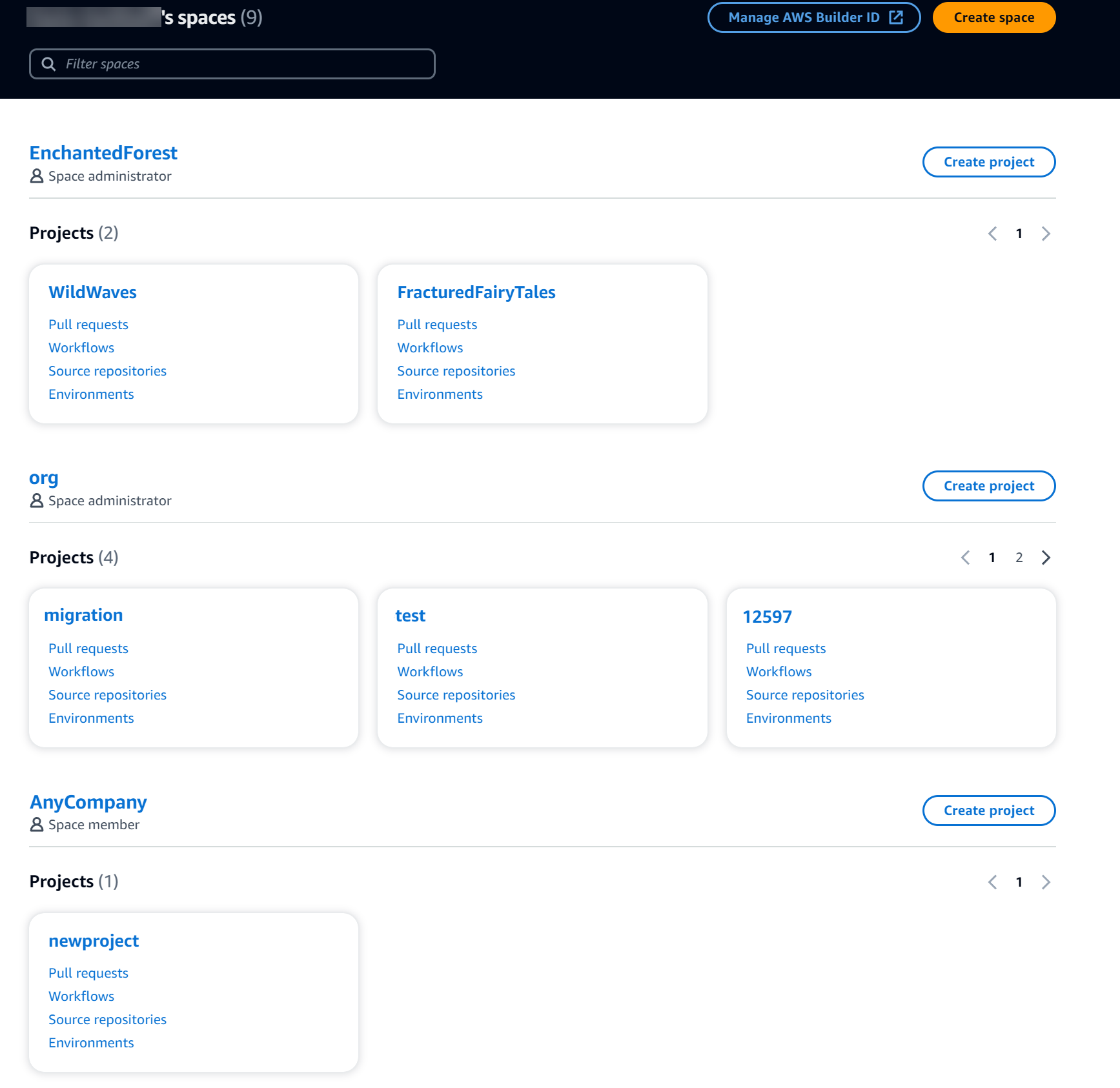 La page d'accueil de l'utilisateur répertorie tous les espaces et projets dont vous êtes membre