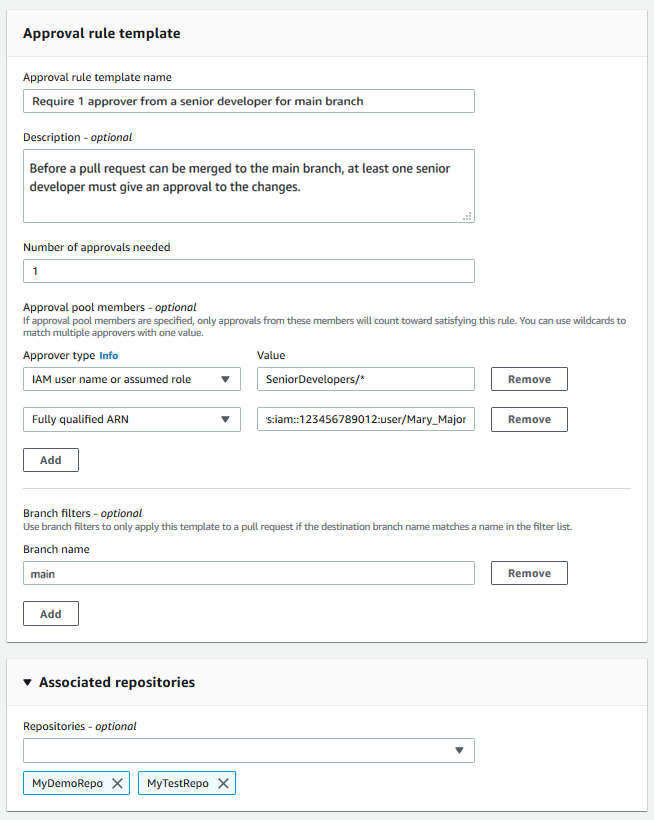 Un modèle de règle d'approbation qui nécessite un approbateur issu d'une règle d'approbation définie si une pull request est créée sur une branche nommée main, associée à deux référentiels