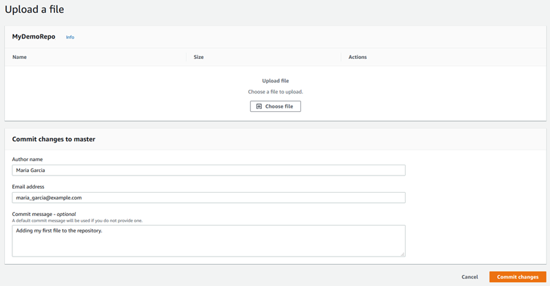 Vue du chargement d'un fichier dans la console CodeCommit