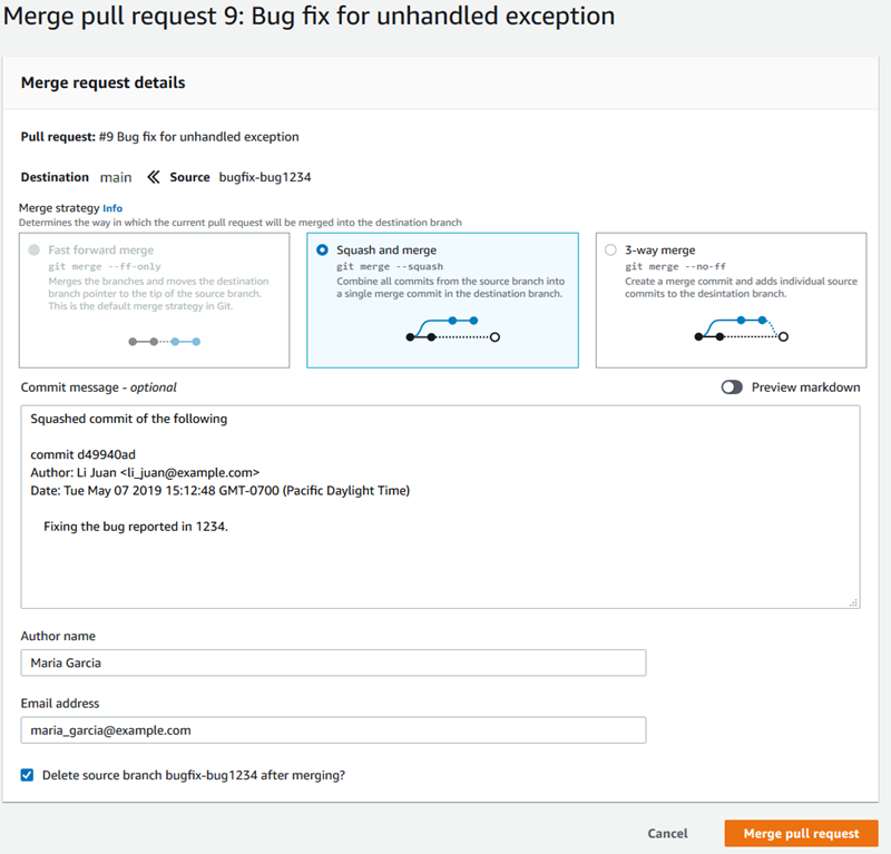 Une pull request indiquant les stratégies de fusion disponibles pour la fusion dans la CodeCommit console.