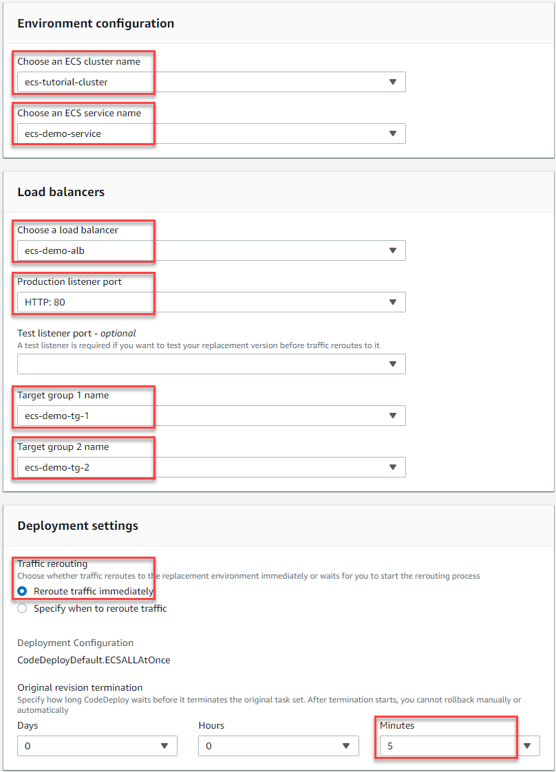 Section de configuration de l'environnement de la CodeDeploy console.