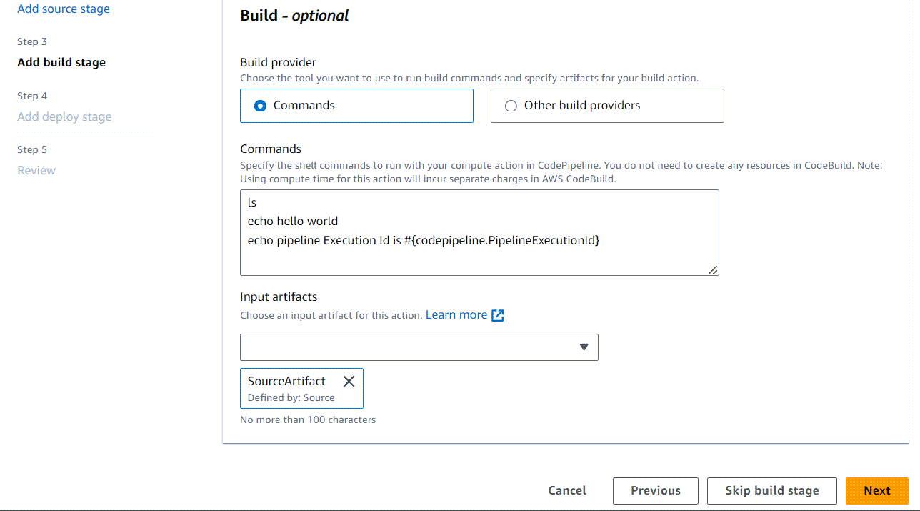 Étape 3 : page de création d'un nouveau pipeline avec l'action Commandes