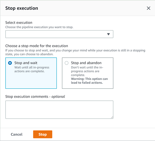 Image montrant que l'option suivante est sélectionnée dans la console : Arrêter et attendre