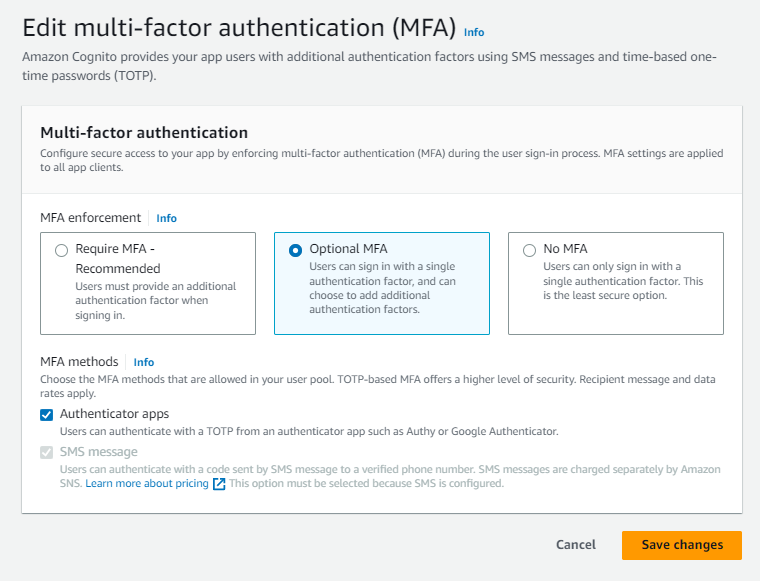 Capture d'écran de la console Amazon Cognito avec les options MFA.