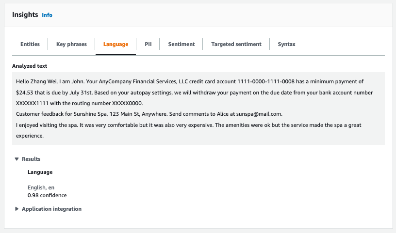 Affichage sur console du texte analysé, de la langue dominante du texte et d'un score de confiance.