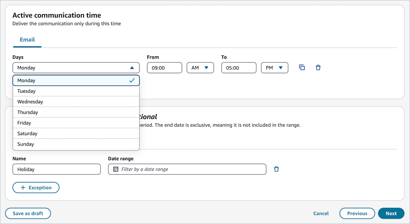 Email communication schedule interface with day, time, and exception settings.