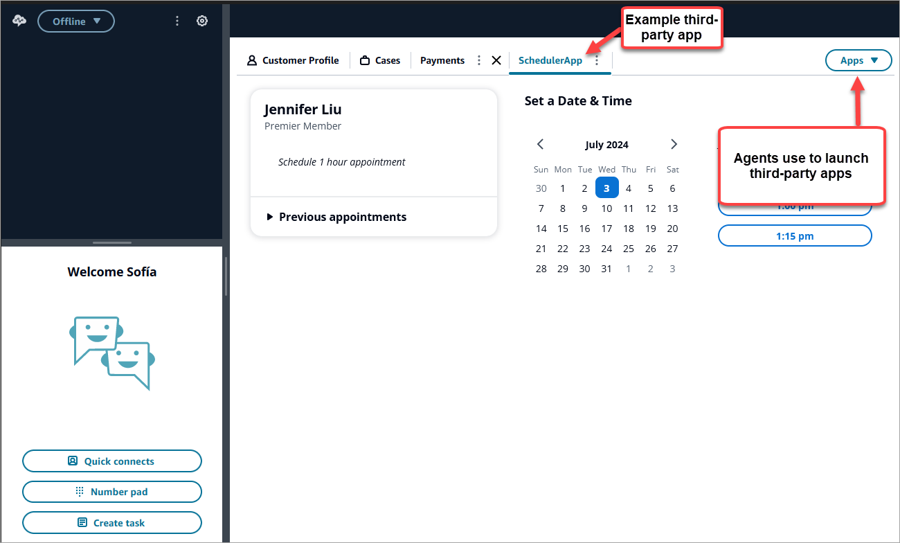 Le lanceur d'applications sur l'espace de travail de l'agent.