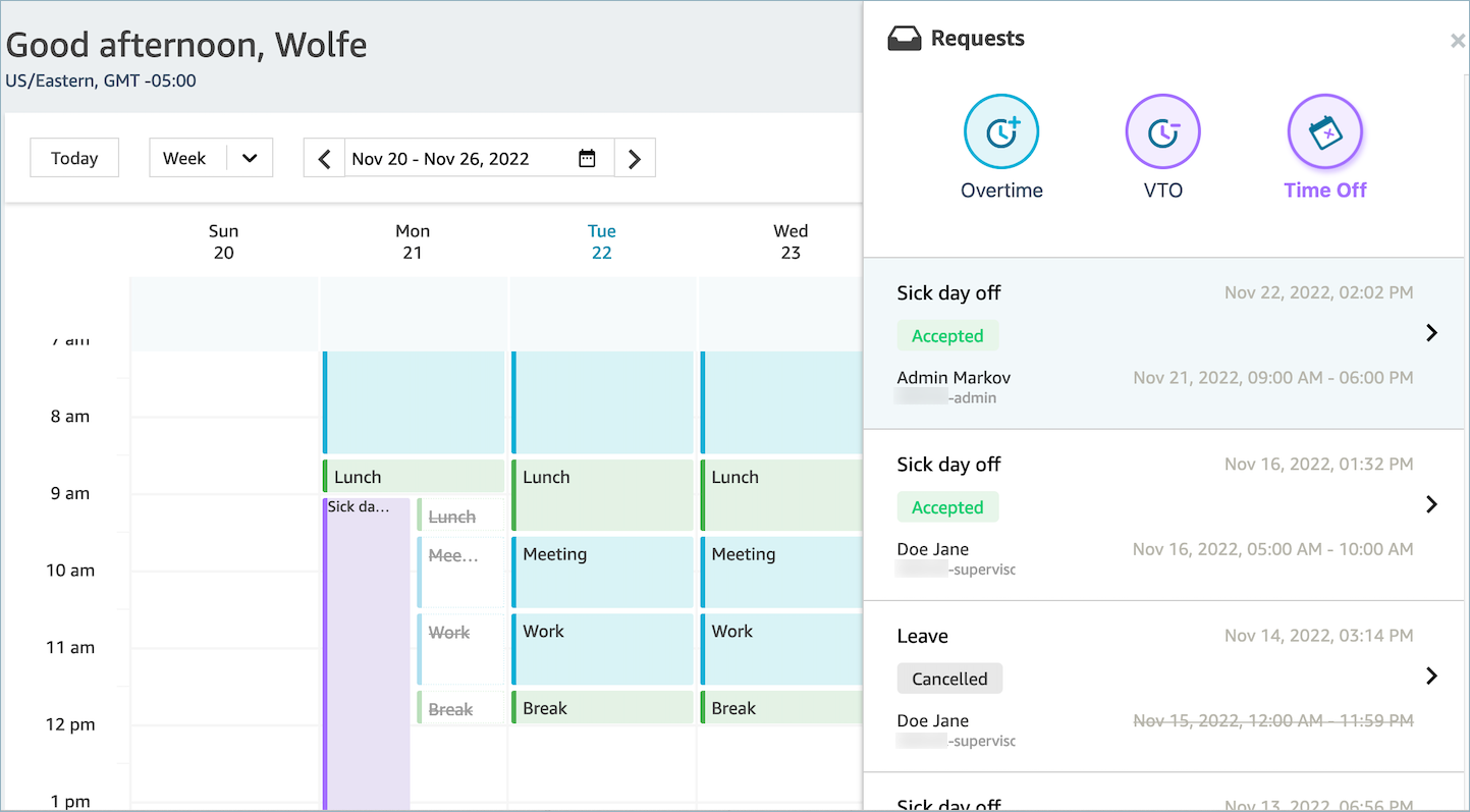 Calendrier de l'agent dans l'application de l'agent, statut des demandes de congés pour l'agent.