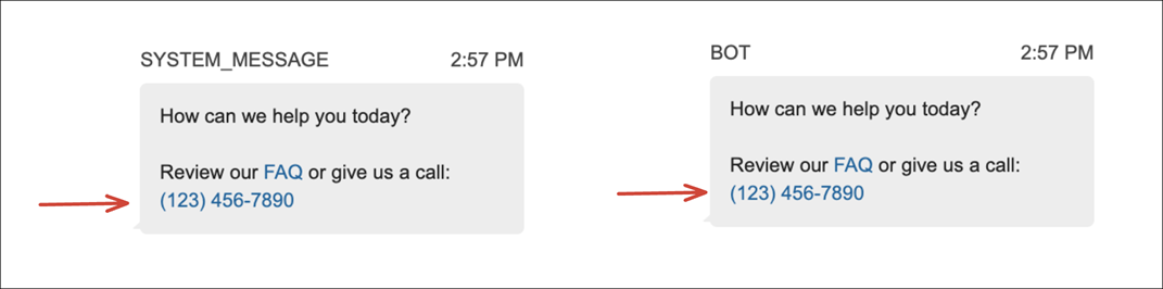 Image montrant les liens et les BOT messages « Passez en revue nos FAQ » SYSTEM et « Appelez-nous ».