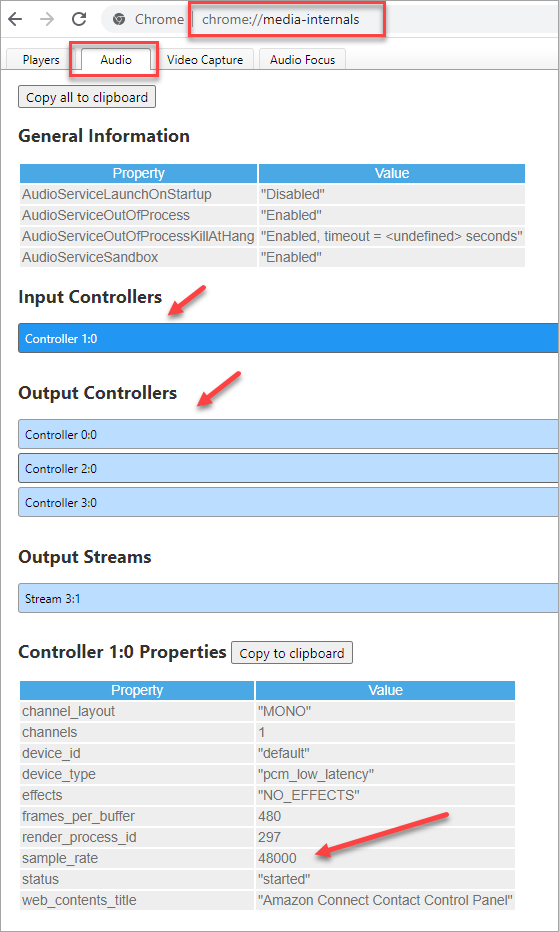 Onglet Audio, section Input Controllers, section Output Controllers, Taux d'échantillonnage.