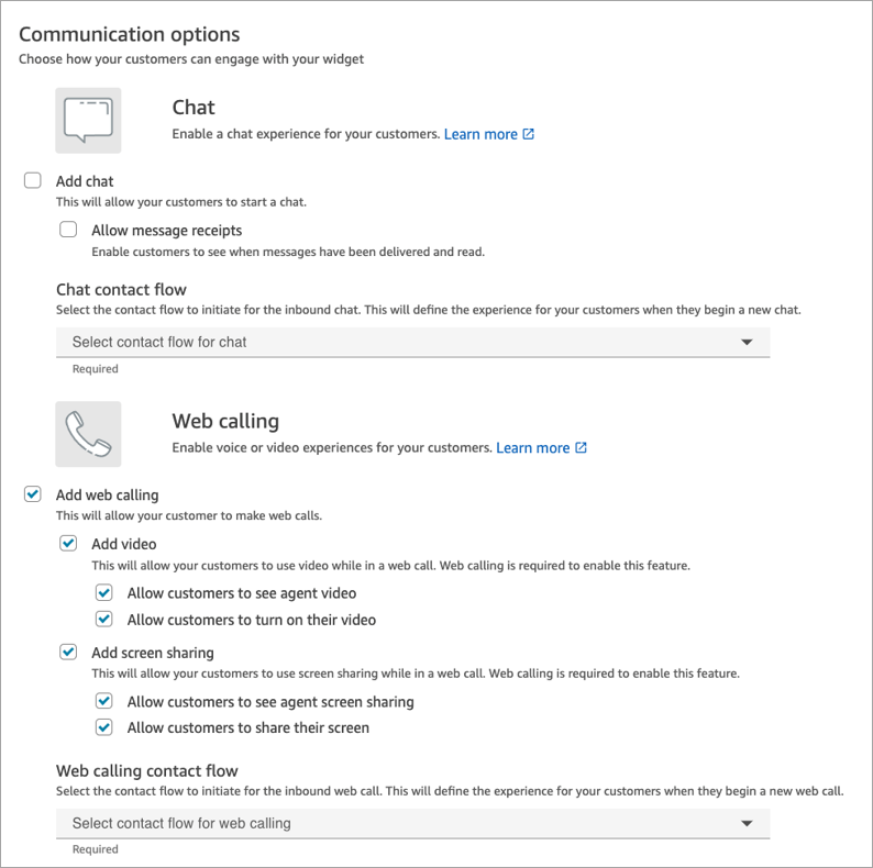 Section Options de communication de la page de création d’un widget de communication