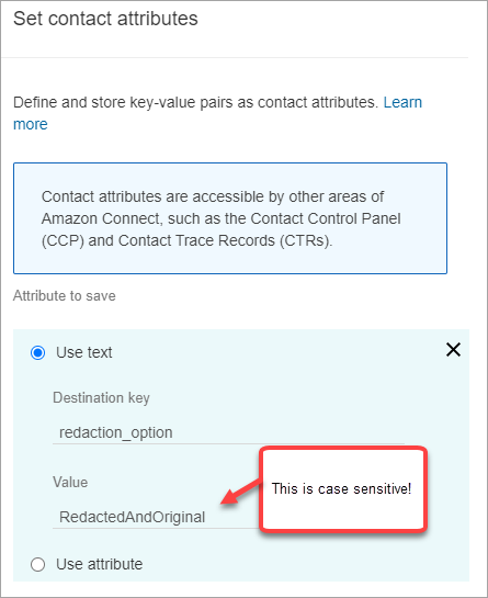 Bloc d'attributs de contact défini, option d'utilisation de texte, la valeur est sensible à la casse.