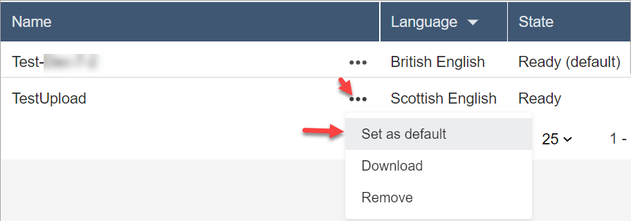 La page des vocabulaires personnalisés, l'emplacement des points de suspension, l'option Définir comme valeur par défaut.