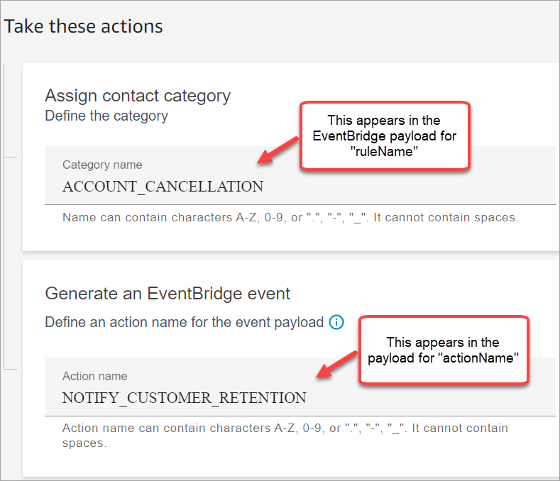 La section effectuer ces actions, la section Attribuer une catégorie de contact, la section Générer un EventBridge événement.