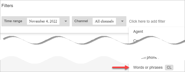 La page de recherche de contacts, la section des filtres, le menu déroulant des filtres, l'option Mots ou expressions.