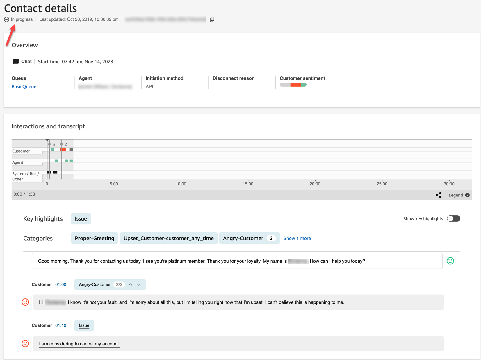 Page Détails de contact avec analytique conversationnelle d’un chat en temps réel