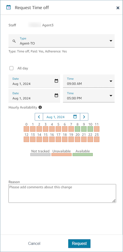 Vue Calendrier, section Demander des congés pour les agents.