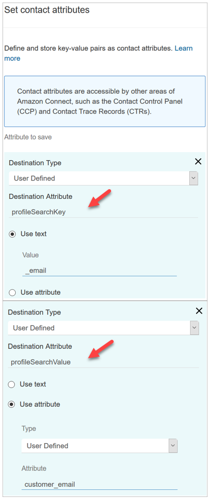 La page des propriétés du bloc Définir des attributs de contact.