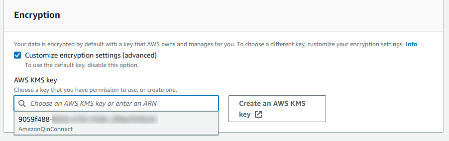 Encryption settings interface with option to customize and select an AWS KMS key.