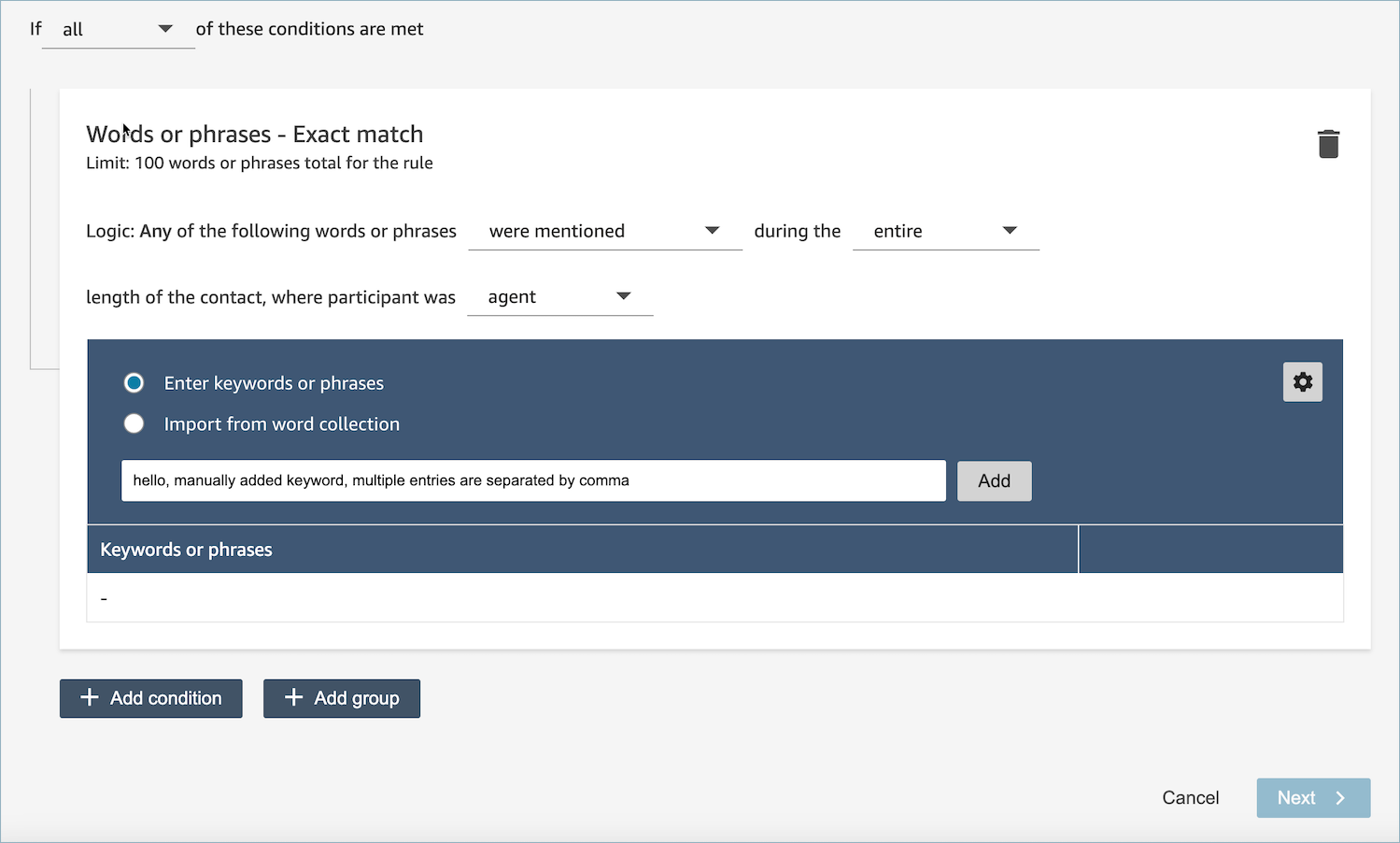 Entrez des mots clés ou des phrases dans l'interface utilisateur.